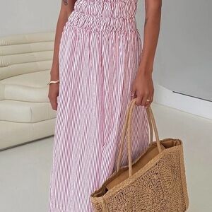 Princess Polly Red and White Striped Dress with Tan Woven Tote